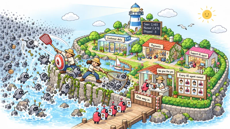 An island with one gate: a grey swarm of AI agents breaks on its sea wall while our engineers hold it off, and our own AI agents queue at the gate with name badges, under a lighthouse that counts every one