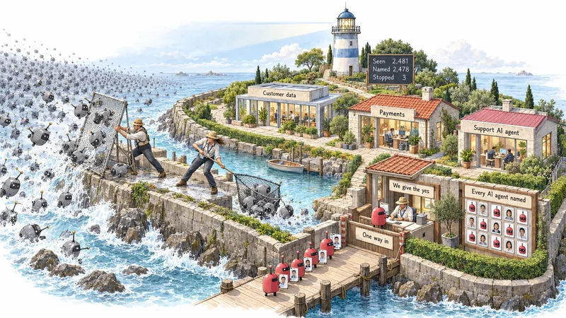 An island with one gate: a grey swarm of AI agents breaks on its sea wall while two of our engineers hold it off with a screen and a net, and our own AI agents queue on the jetty with name badges, under a lighthouse that counts every one